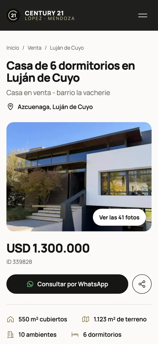 Ficha de una propiedad con el WhatsApp del asesor